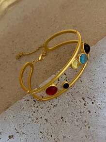 1pc Women's Fashion Luxury Bohemian Style Colorful Rhinestone Engraved Wide Bangle Bracelet, Vintage Elegant Jewelry Gift For Party