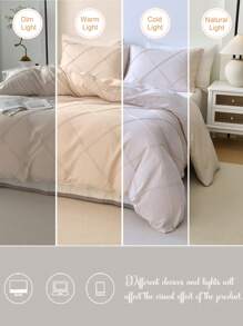 Set de lenjerie de pat 3 buc în carouri, pliat, bej (1 husă de pilota + 2 fețe de pernă, fără umplutură), romantic pentru nunți, stil american clasic de fermă, poliester confortabil și respirabil, potrivit pentru toate anotimpurile, decor dormitor