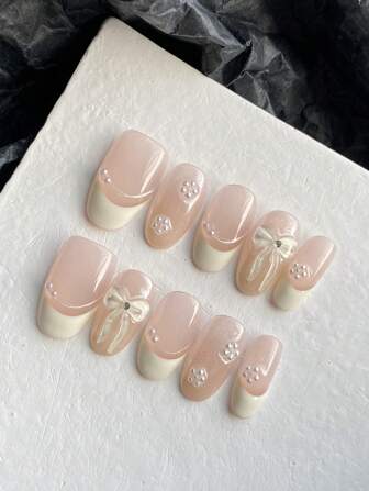 XEERCOOU 10Pcs French Resin Bowknot Faux Pearl Flower Shaped Short Fake Nails, Pink & Beige, Cute Press On Artificial Nail Tips Set Include 1Pc Adhesive Sticker & 1Pc Mini Nail File, For Office & Daily Wear Nail Supplies Nails