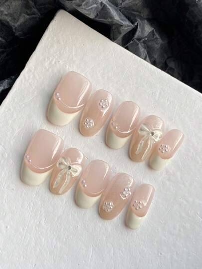 XEERCOOU 10pcs Press On Nails Short French Style Minimalist Beige Bow Resin Casting Fake Nails Office DailyWear False Nails Artificial Nails Kit Includes 1sheet Adhesive Tabs &1 Pc Mini File