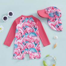 Toddler Baby Girl One Piece Swimsuit UPF 50+ Sun Protection Long Sleeve Rash Guard Bathing Suit Swimwear Sunhat Set - Hot Pink - View 3
