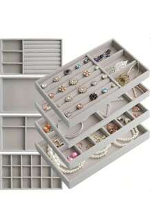 4 Pieces Set: 1pc Velvet Jewelry Tray, Stackable Multi-Compartment Jewelry Storage Box, Removable Jewelry Organizer Tray For Earrings, Rings, Necklaces, Lipsticks, Skincare, Makeup