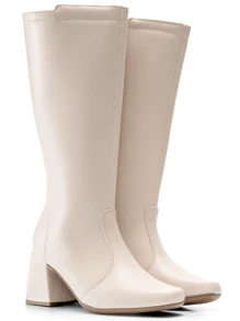 Bota Feminina Salto Alto Grosso Cano Alto Bico Quadrado Lumiss - Bege - Visão 5