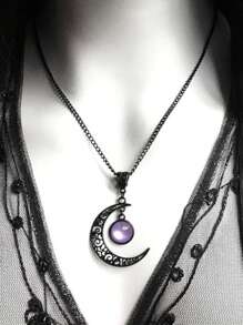 1pc Gothic Boho Style Black Floral Crescent Necklace