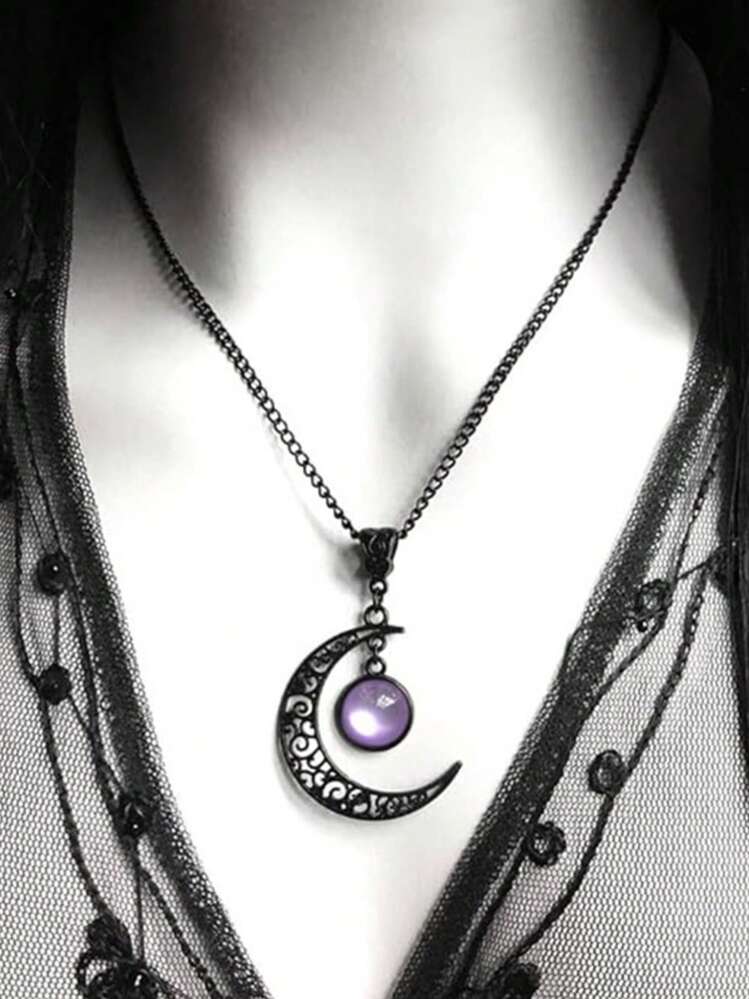 1pc Gothic Boho Style Black Floral Crescent Necklace - Moon - View 5
