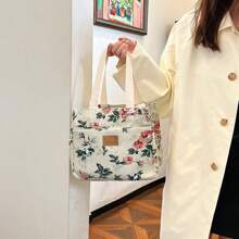 Retro Style Contrasting Canvas Zipper Handbag With Front Pocket And Lining, Floral Print, Suitable For Daily Use And Shopping, Simple And Lightweight Mother Bag, High-Performance Outdoor Women's Handbag - Multicolor - View 5