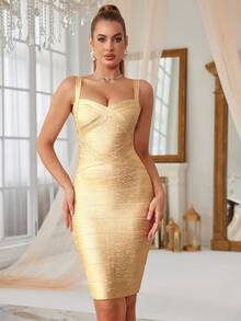 Gold Metallic Foil Sexy Backless Bandage Midi Bodycon Dress For Party, Wedding Guest Cocktail Dress