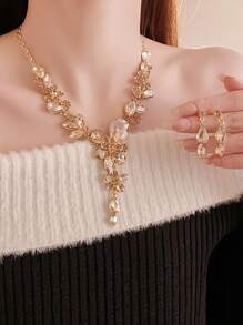 1 Set Of 2pcs Elegant Rhinestone Flower & Water Drop Necklace & Earrings Jewelry Set For Women - Gift - Evening Formal - Champagne - View 3