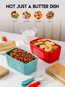 1pc Ceramic Butter Dish With Wooden Lid, Large Capacity Butter Storage Container, Comes With Stainless Steel Butter Knife, Bamboo Lid And Silicone Seal Ring, Perfect Kitchen Christmas Gift