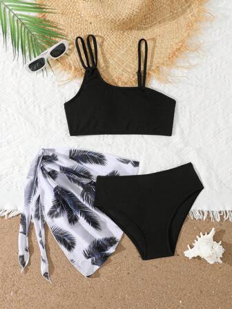 3 件套 Tween Girls 纯色泳衣套装、印花泳衣和度假用纱笼裙比基尼