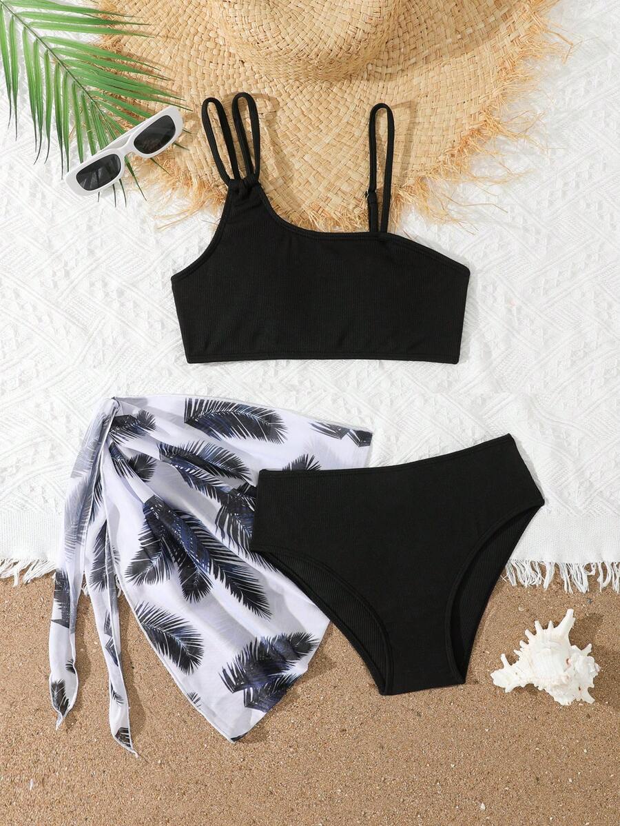 3 件套 Tween Girls 纯色泳衣套装、印花泳衣和度假用纱笼裙比基尼 - 彩色 - 查看 1