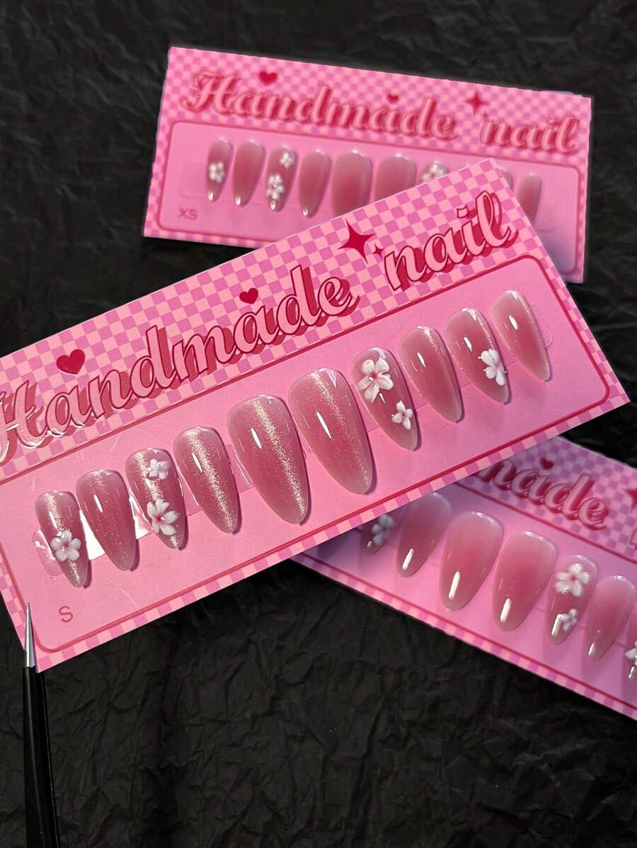 10pcs Blush Press On Nails Spring Flowers Fake Nails Pink Cat Eye Fake Nails Short Almond Shape Manicure Set Includes 1sheet Adhesive Tabs & 1pc Mini File Perfect For Everyday Wear - Multicolor - View 1