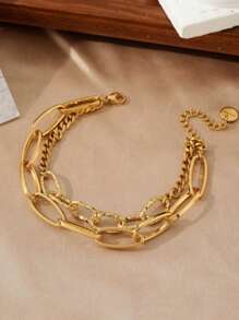 1件装时尚简约双层四叶草吊坠手链，18K镀金不锈钢材质，不易褪色，可叠戴，ins风夏季派对及开斋节情人节礼物 - 金黃色 - 查看 15