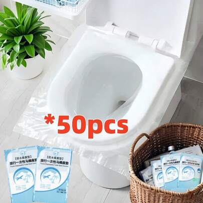 50 chiếc/gói Tấm lót bồn cầu dùng một lần cỡ lớn, dày, trong suốt, chống thấm nước, tiện dụng khi đi du lịch và công tác, bằng nhựa chống ô nhiễm, dùng cho du lịch, khách sạn, nơi công cộng.
