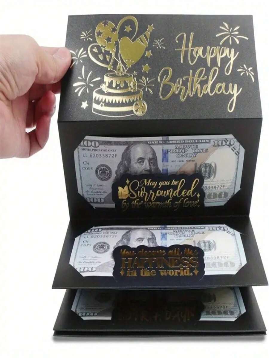 1pc Surprise Birthday Cash Gift Envelope, 6 Card Slots - Elegant Black & Gold Design, Unisex Holiday Wallet, Unique Memorabilia For Any Birthday Celebration, Cartoon Fantasy Theme, Cash Gift Display Box. Exquisite Gift Envelope. Delicate Souvenir.