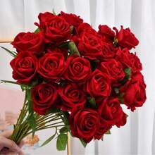 52cm Velvet Artificial Red Rose Bouquet - Realistic Silk Roses For Wedding, Engagement And Home Decoration - Romantic Table Decoration With Green Leaves, Table Decoration | Elegant Roses | Vivid Texture, Bouquet Accessories - Red - View 7
