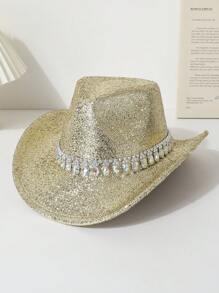 1pc Solid Color Casual Party Polyester Reflective Crystal Cowgirl Hat, Suitable For Party & Performance, All Seasons