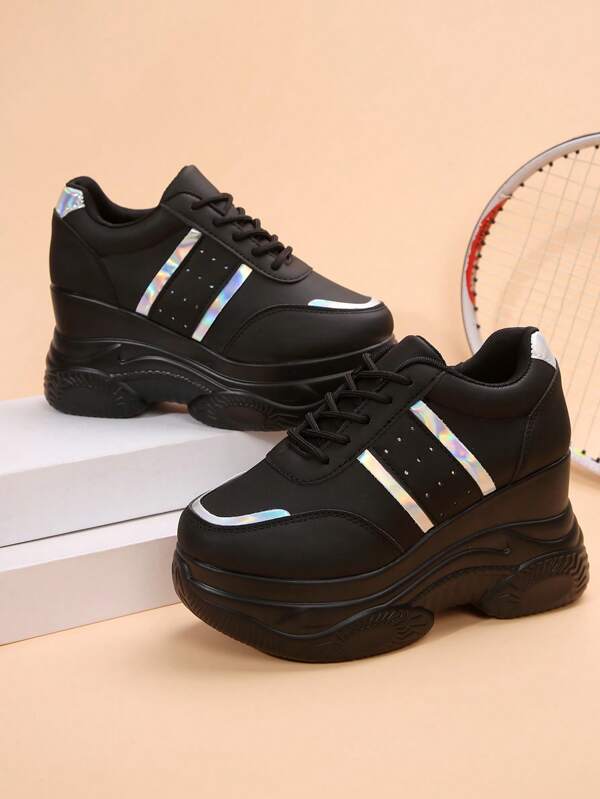 Fall/Winter 1 Pair Women's New Black Platform Thick Sole Sneakers, Leather Upper Round Toe Lace-Up Casual Chunky Sneakers, Lightweight Anti-Slip Soft Bottom