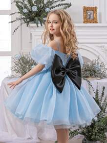 Young Girls Elegant Bowknot Strap Dress, Delicate Princess Dress Suitable For Flower Girl, Wedding, Party, Birthday, Prom And Other Formal Occasions - Blue - View 2