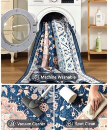 Homore Washable Area Rugs, Large Non-Slip Vintage Rugs For Living Room, Low Pile Floral Distressed Indoor Rugs, Print Carpet Rug For Bedroom Kids Playroom Dining Room Decor - 灰藍色 - 查看 7