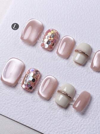 10 件手工方形短指甲套装，粉色亮面，带闪光和猫眼装饰，含粘合片，按压式指甲，美甲用品，美甲