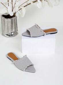 Women's Flat Pointed Toe Slippers With Fringe Design, Suitable For Outdoor Casual Wear,Beach Shoes,Summer Shoes - Grey - View 1