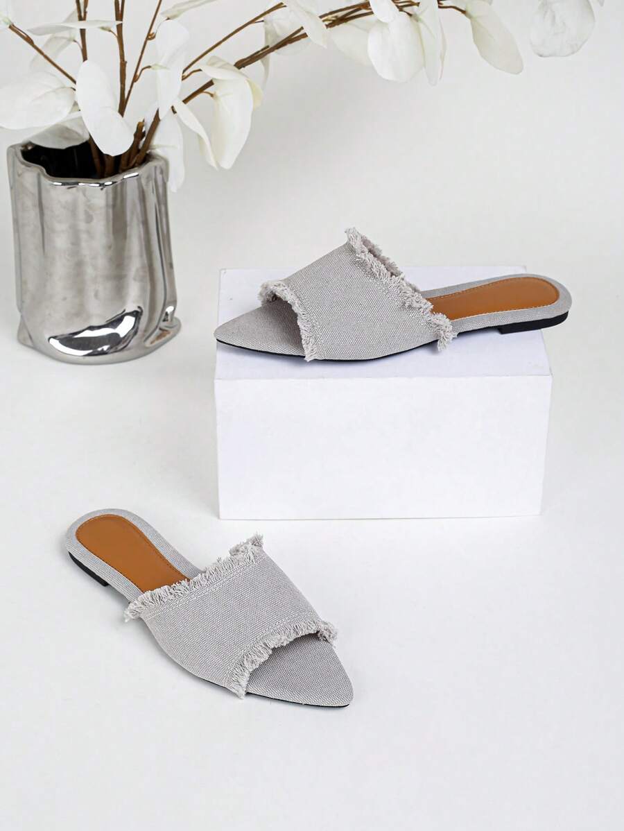 Women's Flat Pointed Toe Slippers With Fringe Design, Suitable For Outdoor Casual Wear,Beach Shoes,Summer Shoes - Grey - View 1