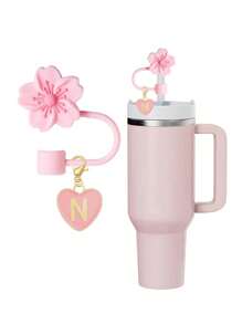 A2pcs/1set Heart & Letter Pomegranate Flower Straw Topper, Pink Cup Letter Marker, And Reusable Silicone Flower Straw Cover Caps For 10mm Diameter Straw, Cute Letter & Flower Decorations For Modern Minimalist Glass Cups, Cup Accessories, Holiday Party Gifts, Mother's Day Gift - Pink - View 17