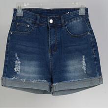 Pantalones cortos vaqueros de talle alto con dobladillo enrollado y rotos - Azul - Ver 4