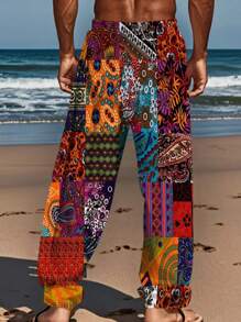 Men's Vacation Casual Patchwork Print Drawstring Waist Long Pants - Multicolor - View 2
