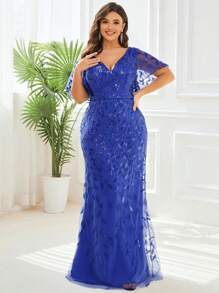 EVERPRETTY Blue Sequin V-Neck Ruffle Sleeve Mermaid Hem Formal Dress, Suitable For Party, Wedding Guest Attire