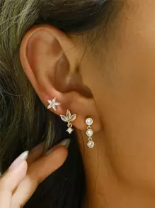 3pcs Set Diamond Drop Stud Earrings For Women, Miscatched Stacking Earrings Set, Daily/Dating/Gift - Earrings - View 15