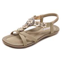 Living And Home 2 Colors Fashion Bohemian Style Flowers Rhinestone Women Beach Sandals,Women Flip Flops Sandals,Summer Rhinestone Open Toe Comfort Breathable Beach Shoes,Women Low Heeled Sandals,Boho Casual Flat Sandals - Apricot - View 2