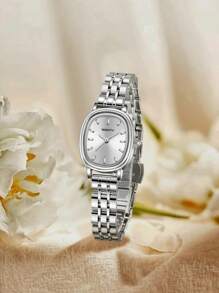 1pc Women's Silver-Tone Casing Striped Dial Solid Steel Band Quartz Watch, Suitable For Daily Wear - Silver - View 8