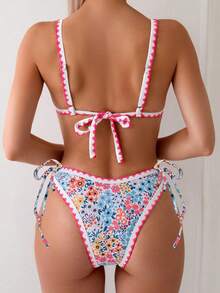 Ditsy Floral Frilled Drawstring Bikini Two Pieces Swimwear - Multicolor - View 3