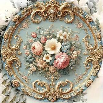 Elegant Round Baroque Floral Iron Wall Decor - Luxury Golden Frame Artwork Plate With Vibrant Flowers, Suitable For Home, Office, Bar, Hotel And Farmhouse Decoration, Home Decor | Floral Design | Soft Color Finish, Perfect For Room Decoration Gifts Birthday Graduation