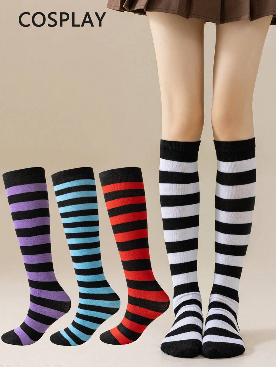 一双/包女士透气吸汗彩色条纹长袜，适合春、秋、冬季穿着，最受欢迎的动漫角色扮演长袜，Y2K风格，舒适保暖 - 彩色 - 查看 1