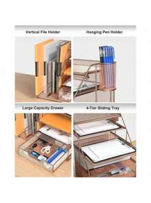 Egepon 玫瑰金办公桌收纳盒，带垂直文件夹架，5 层纸盘，带抽屉和悬挂式笔架，办公用品，返校用品，学校用品 - 玫瑰金 - 查看 6
