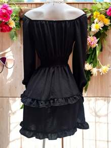 VESTIDO CORTO MANGA LARGA CON RESORTE ESTILO CAMPIRANO DOBLE OLAN TELA CEY. MOD. ELSIE - Negro - Ver 9