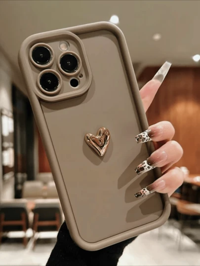 优雅且具有保护性的全覆盖手机壳，采用闪亮心形设计 - 兼容 Apple 16/15/14/13/12/11、Redmi、Honor、OPPO - 棕色和黑色防水防震防摔防刮