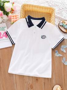 Casual poloshirt met contrasterende kleuren voor jongens, letterborduurwerk, zacht en ademend shirt met korte mouwen, zomerkleding voor kinderen