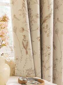 1件天然亚麻麻雀枝花图案精致窗帘，适用于客厅、卧室及各种场合