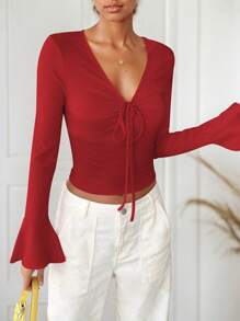 hoteel Women's V-Neck Pleated Self-Tie Slim Fit Bell Sleeve T-Shirt - 紅色 - 查看 4