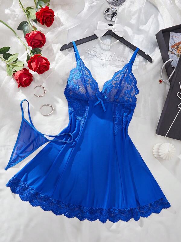 Women's Solid Color Mesh Contrast Lace See-Through Sexy Camisole Nightgown