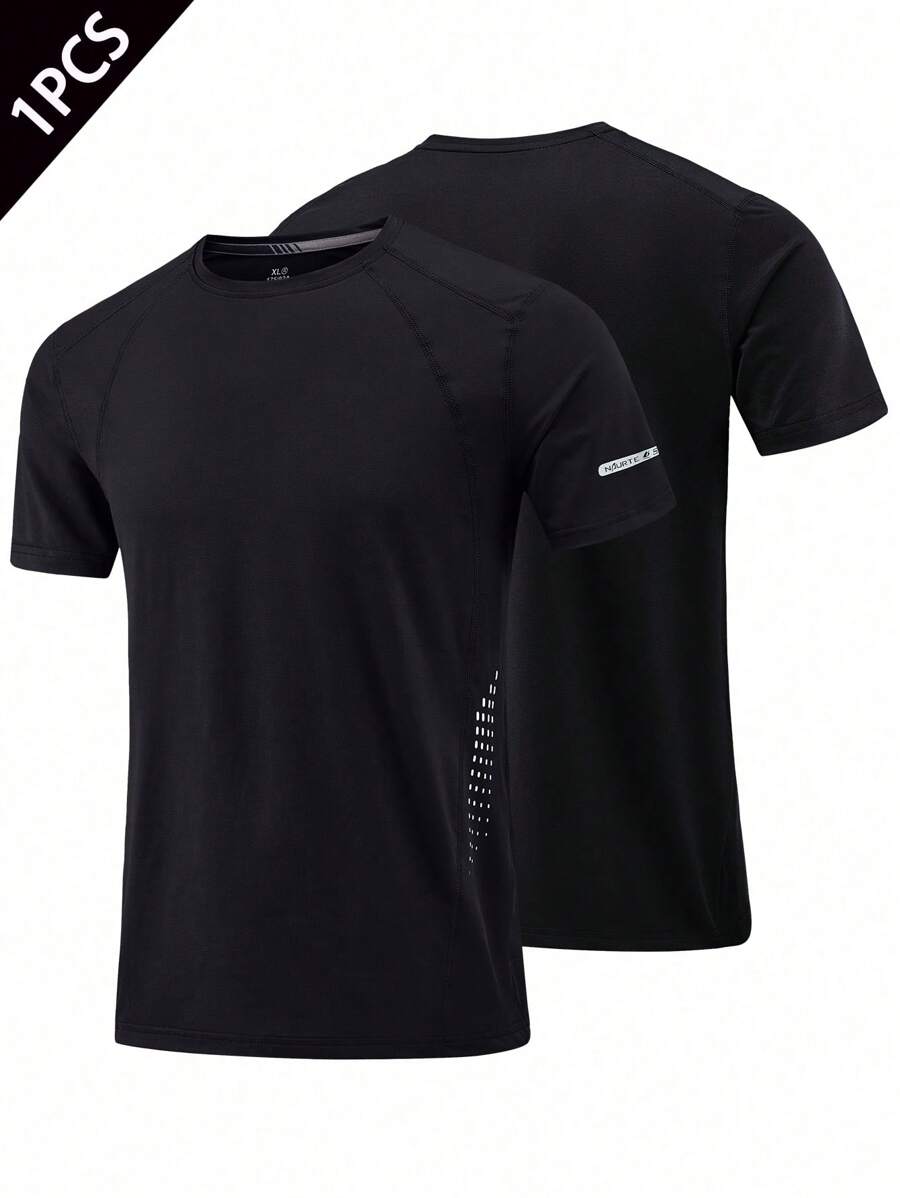 Boyfriend Style Men's Quick Dry T-Shirt, Cool Ice Silk Short Sleeve Elastic Round Neck Top, Moisture Wicking Sweatshirt, 1pc, Suitable For Fitness, Training, Running, Fast Drying Clothing - Black - View 1