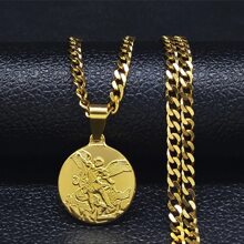 SAINT MICHAEL PROTECT US Archangel Stainless Steel Necklaces Chain Men/Women Gold Color Choker Necklace - Necklace - View 19