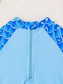 1pc Girls' Round Neck Long Sleeve Zipper Mermaid Scale Print Swimsuit - Royal Blue - View 4