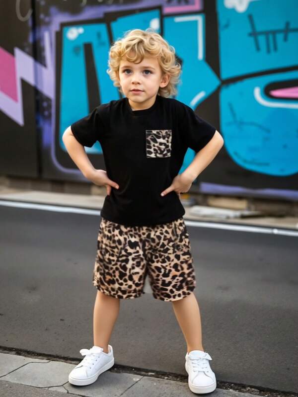 Set da 2 pezzi per ragazze, maglietta a maniche corte con collo rotondo a blocchi di colore e pantaloncini con stampa leopardata, stile alla moda ed energico, outfit comodo e versatile per bambini