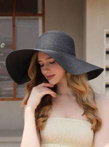1pc Women's Solid Color Wide Brim Bohemian Style Outdoor Straw Hat - Black - View 1