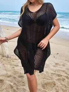女士钩针镂空沙滩罩衫套头衫，2025 年新款夏季泳装网眼连体衣（不含比基尼）